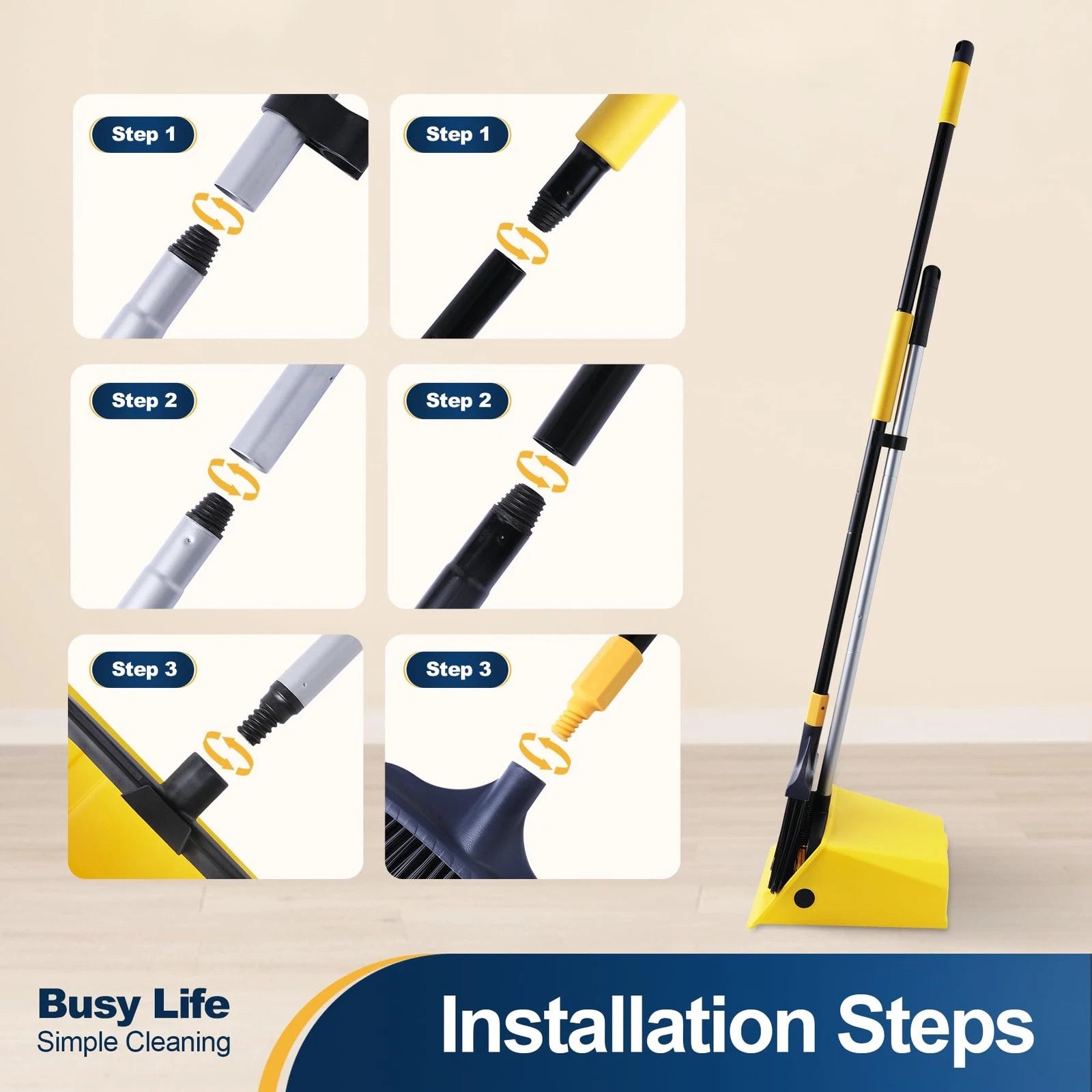 Commercial Broom and Dustpan Set 2 Plus 1 Set with Comb Commercial Outdoor In...