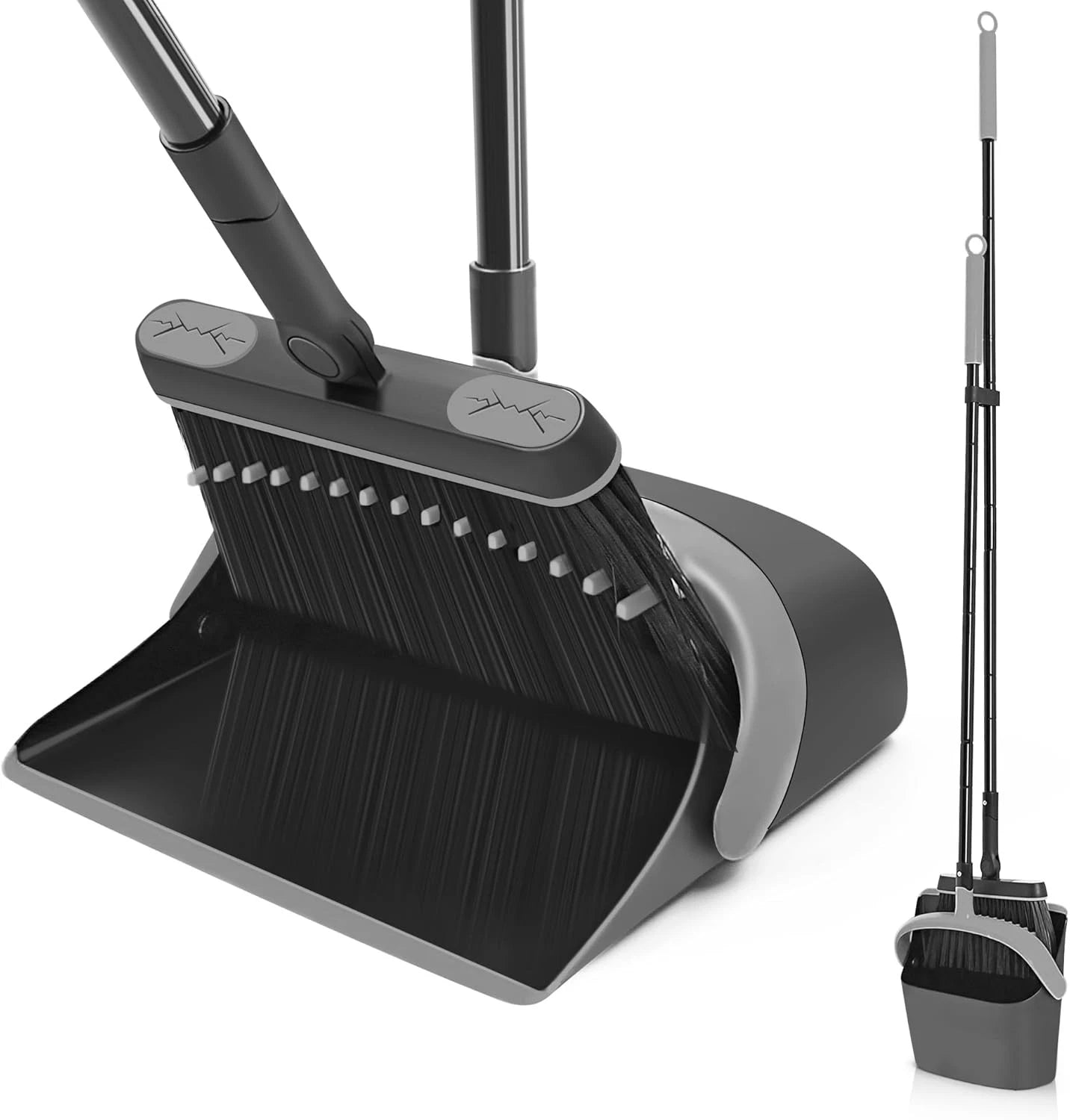 Broom and dustpan set, long-handled rotating brush head,upright foldable dustpan