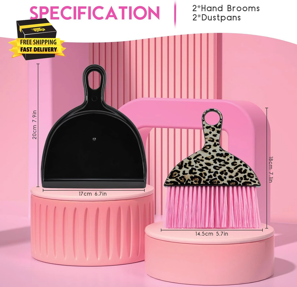 2PCS Mini Dustpan and Brush Set, Small Broom and Dustpan Set with Pink Leopard P