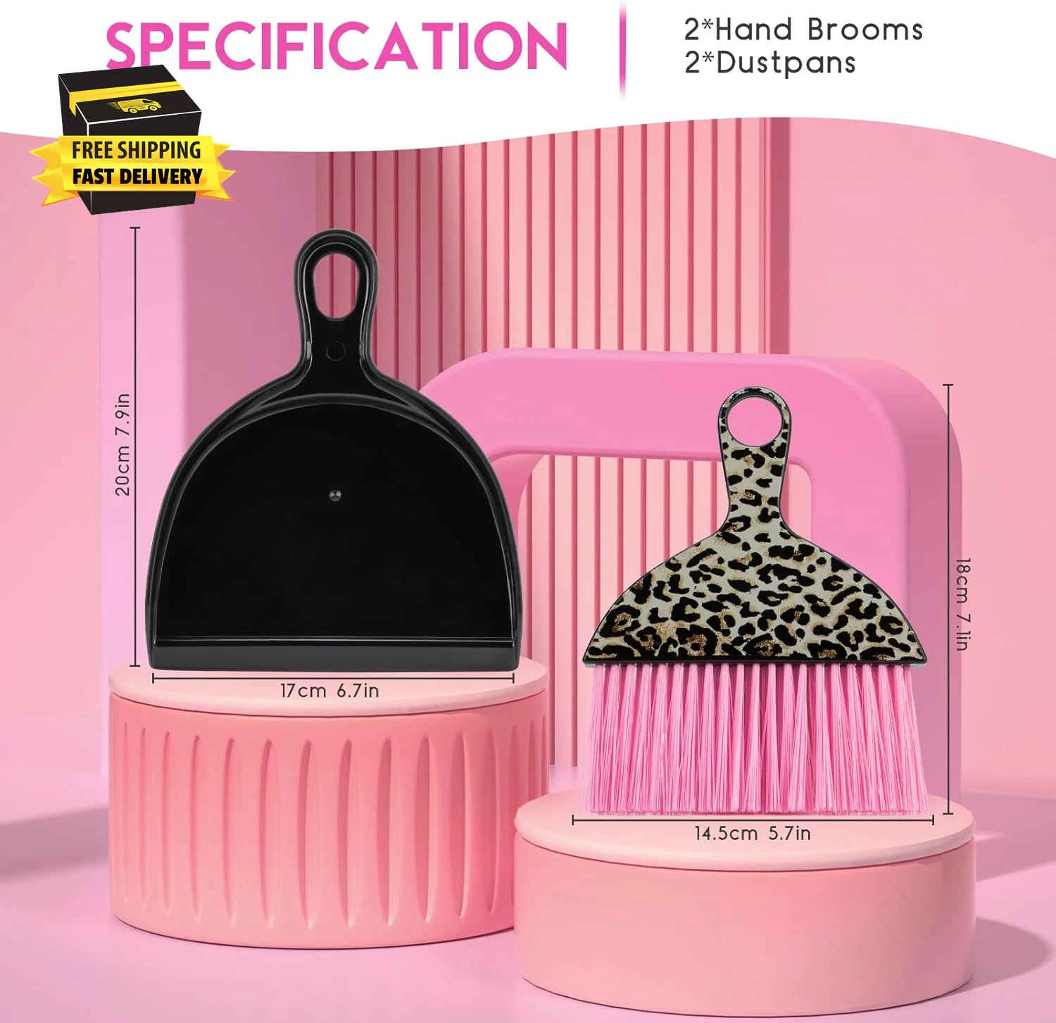 2PCS Mini Dustpan and Brush Set, Small Broom and Dustpan Set with Pink Leopard P