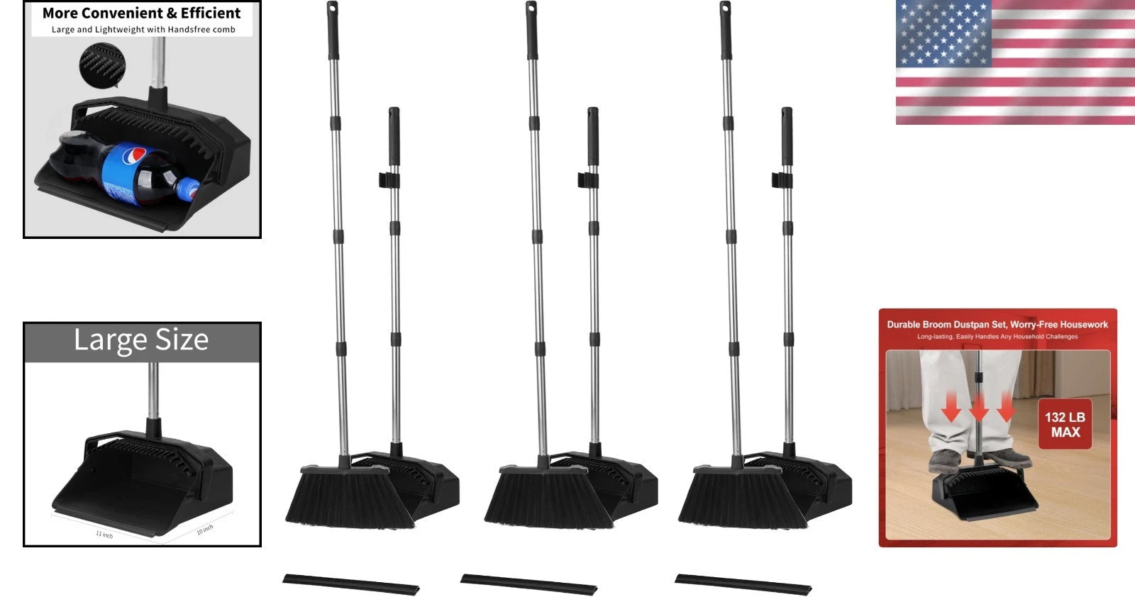 3-Pack Long Handle Broom & Dustpan Set - Perfect for Commercial Cleaning