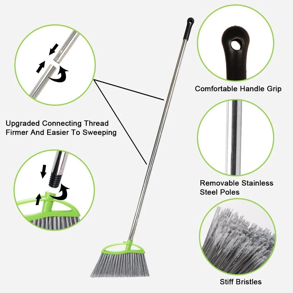 Heavy Duty Broom and Dustpan Set Metal Stand Up Pan with Stiff Bristle Brush