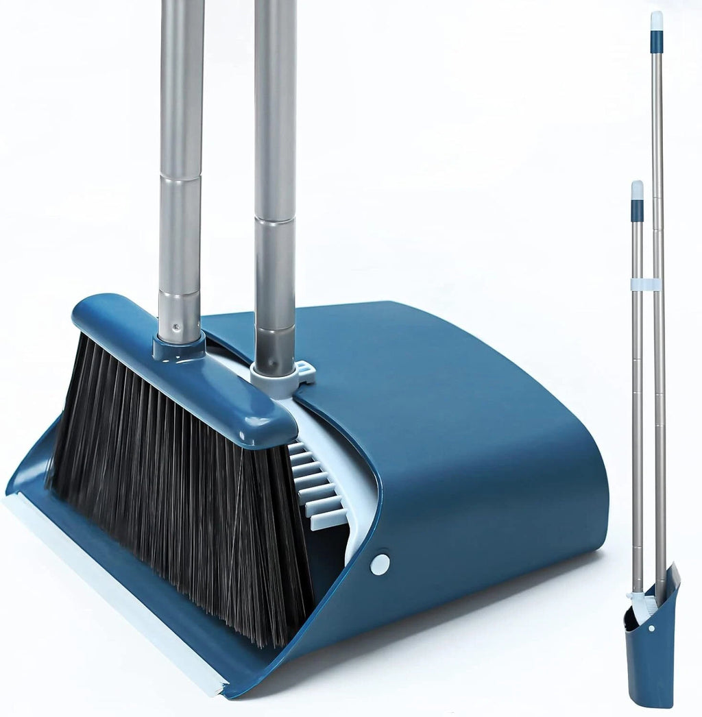 Standing Dustpan and Broom Set with 52" Long Extendable Handle for Home, Blue