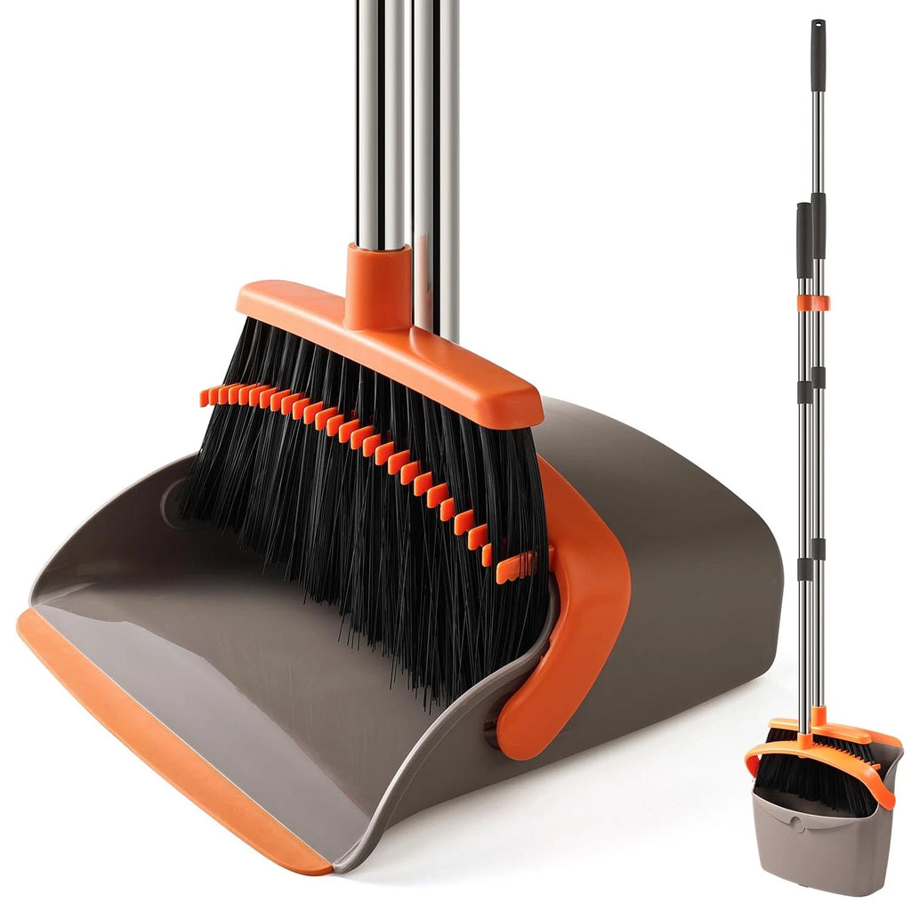 Upgrade Durable Broom and Dustpan Set with 52"Adjustable Long Handle Stand Combo