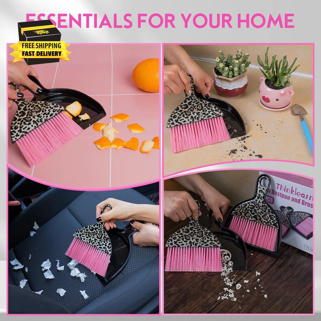 2PCS Mini Dustpan and Brush Set, Small Broom and Dustpan Set with Pink Leopard P