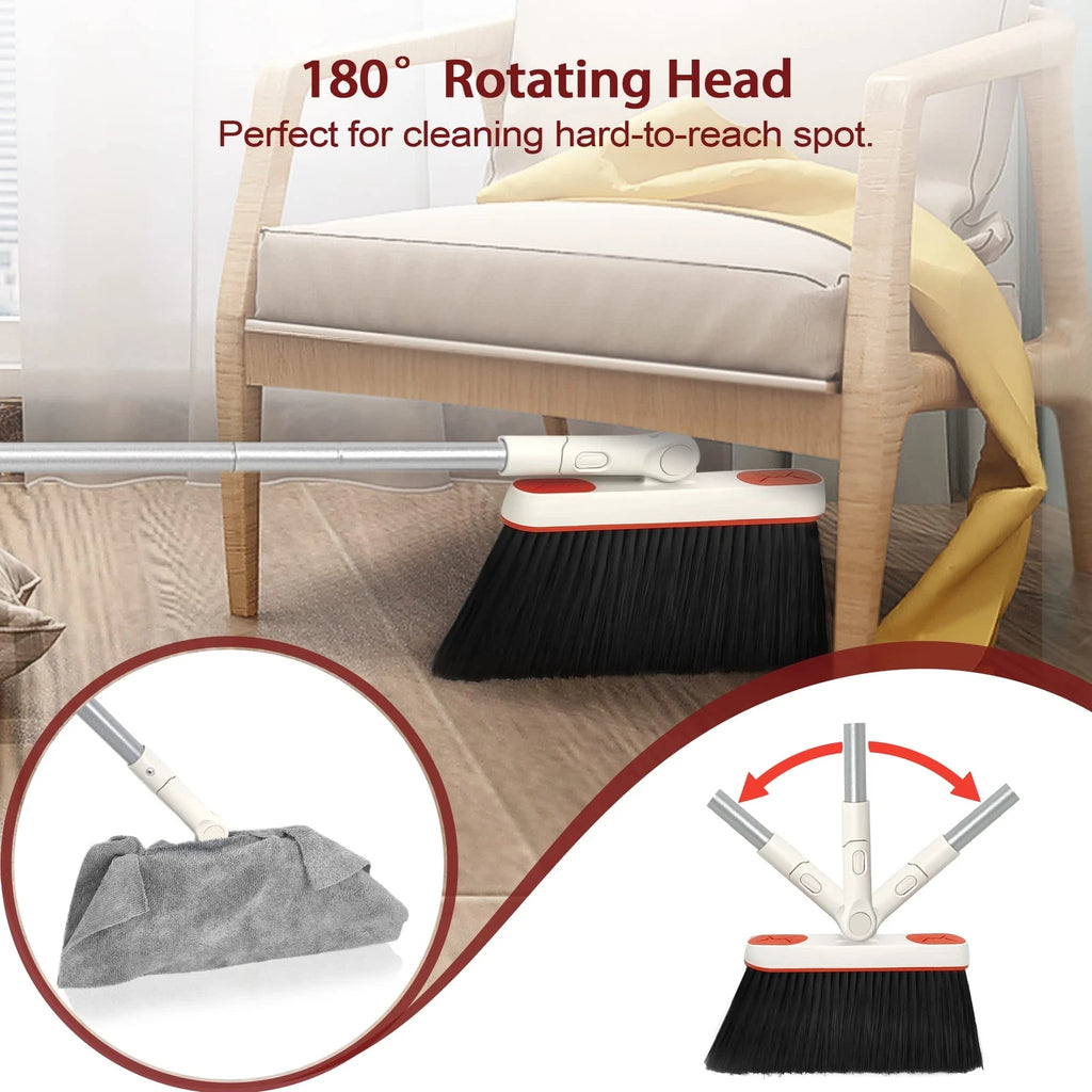 Broom and Dustpan Set Long Handle Lightweight 180° Rotating Upright Standing