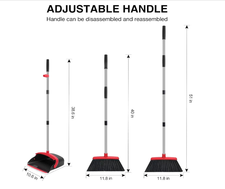 Broom and Dustpan Set 52 Inch Long Handle with Teeth Hair Removal Floor Cleaning