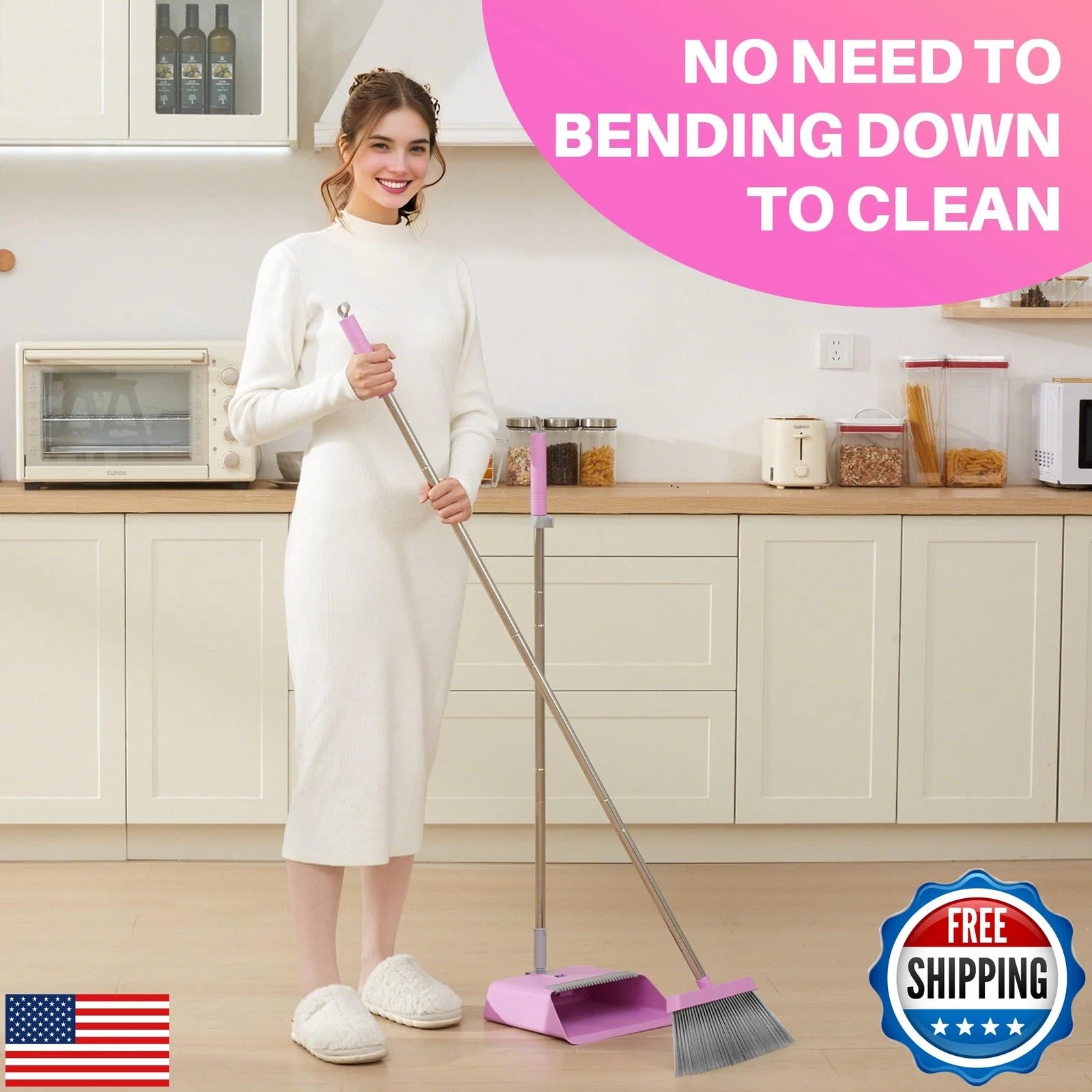 JOYMOOP Pink Broom and Dustpan Set with 56” Handle, Upright Angle with Built-