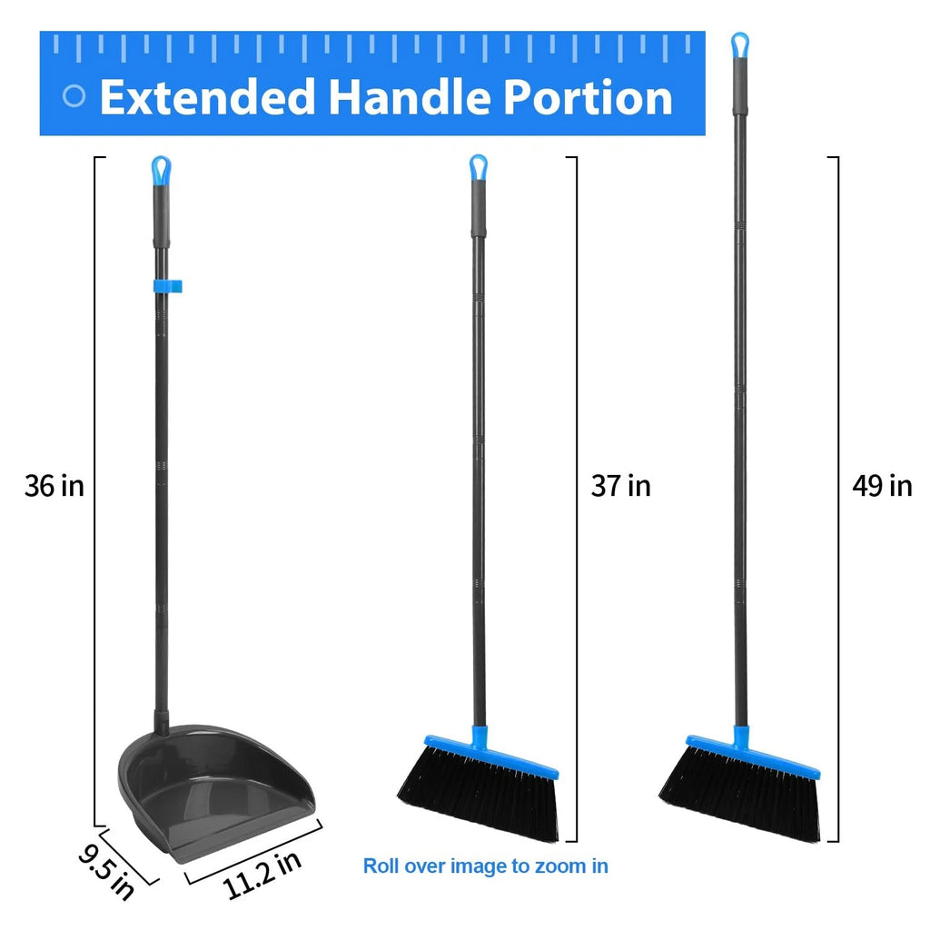 Broom and Dustpan Set ，Long Handle Broom with Upright Standing Dust pan for I...