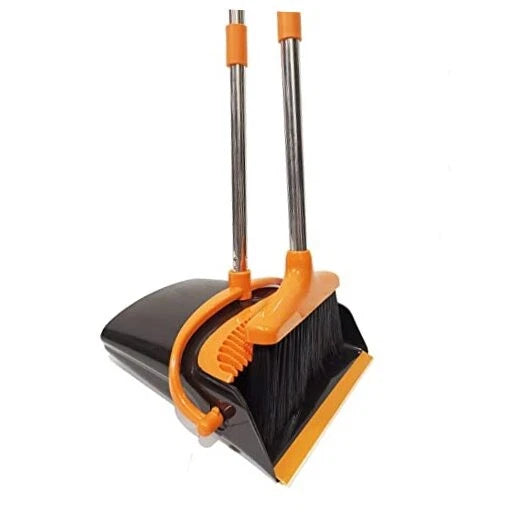Extendable Long Handle Broom and Dustpan Set, Stainless Lightweight Orange