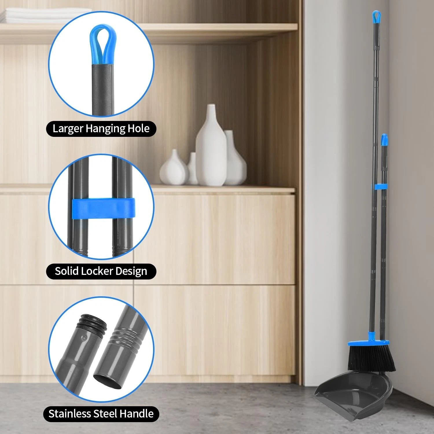 Broom and Dustpan Set ，Long Handle Broom with Upright Standing Dust pan for I...