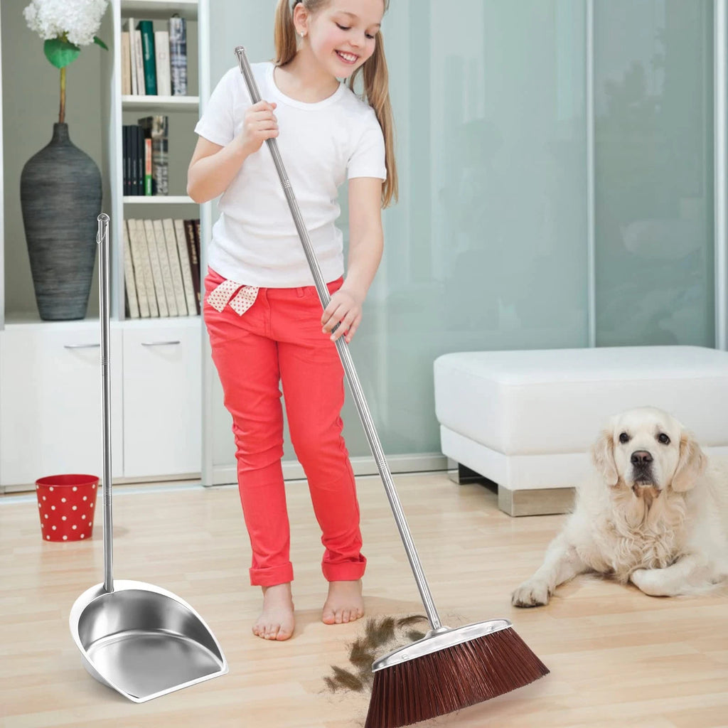 Broom and Dustpan Set Long Handle Heavy Duty Upright Windproof for Home Office