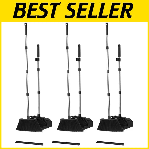 3-Pack Long Handle Broom & Dustpan Set - Perfect for Commercial Cleaning