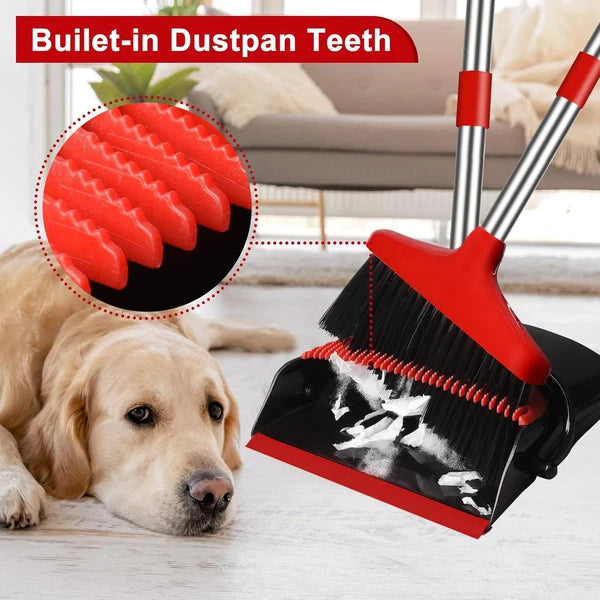 Broom and Dustpan Set for Home, Upright 55" Long Handle with Red