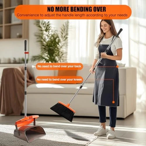 Broom and Dustpan Set with Long Handle, Windproof Stand Up Dustpan with Broom