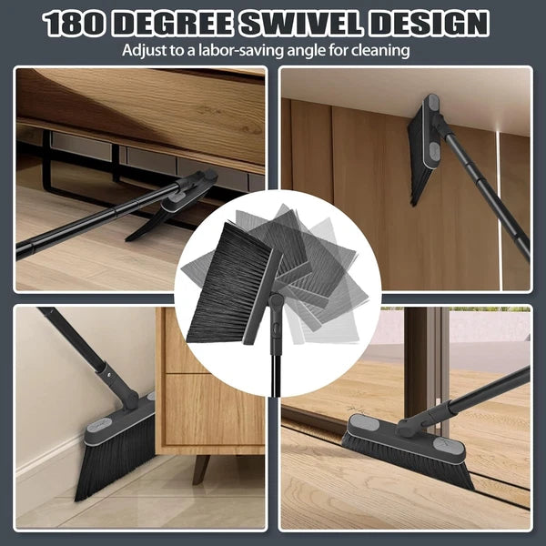 Broom and dustpan set, long-handled rotating brush head,upright foldable dustpan