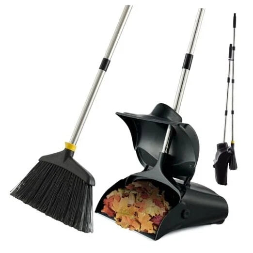 Outdoor Broom and Dustpan Set with Long Handle, Commercial Upright Standing