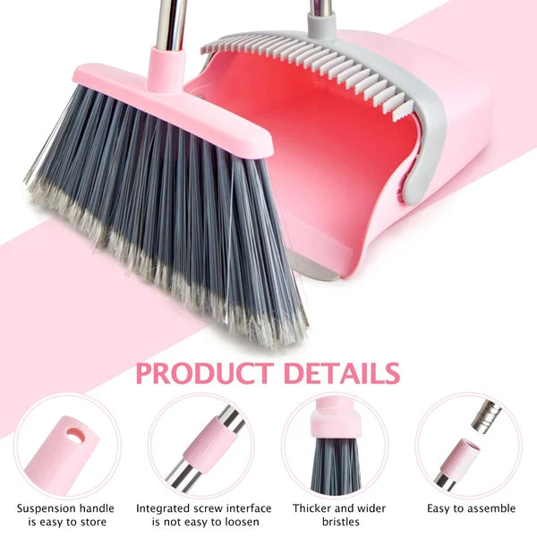 Broom and Dustpan Set, Long Handle Combo for Home, Kitchen, Office (Gray Pink)