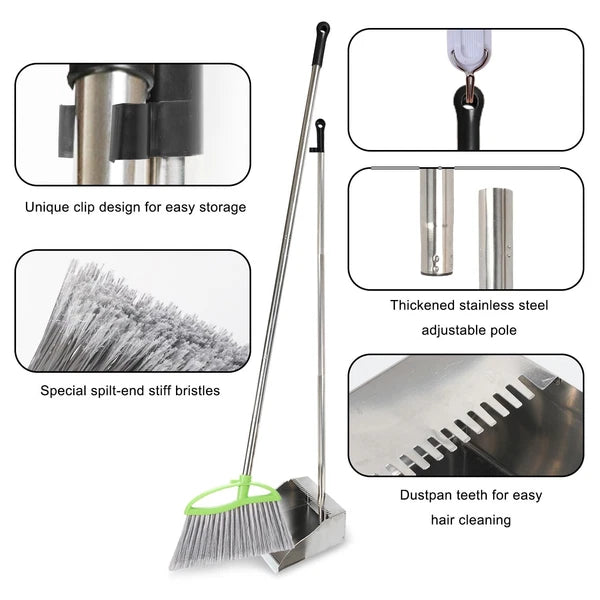 Heavy Duty Broom and Dustpan Set Metal Stand Up Pan with Stiff Bristle Brush