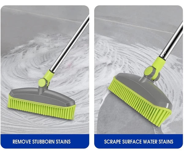 Adjustable Rubber Push Broom & Dustpan Set, Self-Cleaning, Long Handle