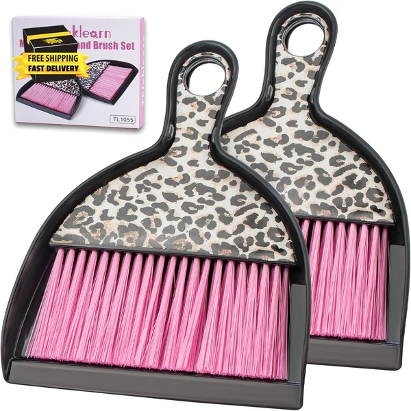 2PCS Mini Dustpan and Brush Set, Small Broom and Dustpan Set with Pink Leopard P