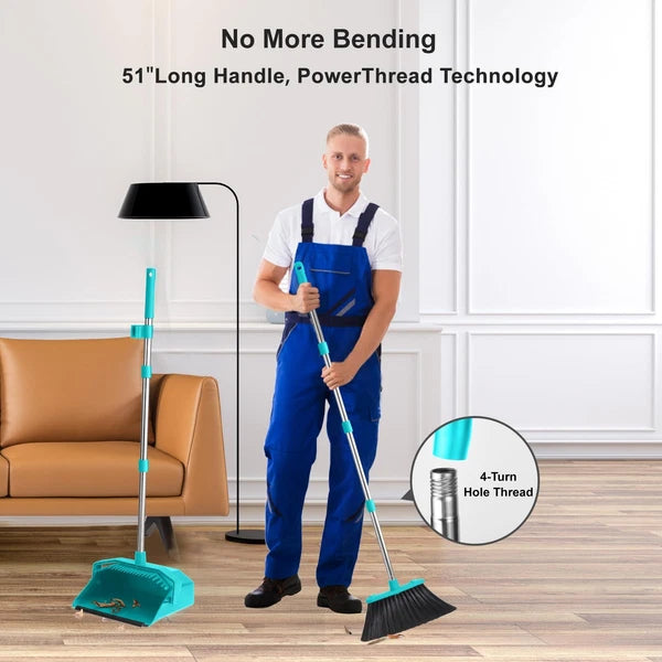 Upgrade Broom And Dustpan Set With 51'' Long Handle Large Upright Brooms And Dus