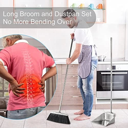 Heavy Duty Broom and Dust pan Set, Stainless Steel Black Broom and Dustpan Set