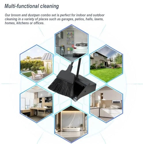 Broom with Dustpan Combo Set Outdoor Upright Dustpan and Broom Set with Long