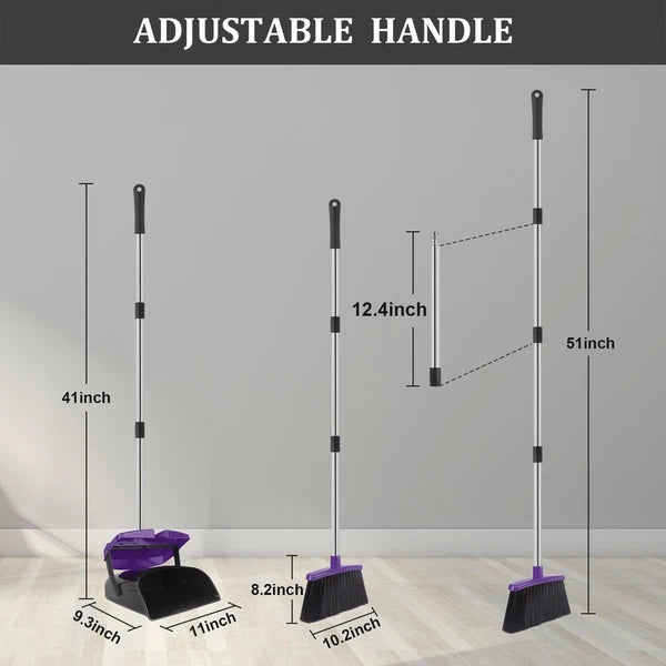 Broom and Dustpan Set 51"Long Handle with Combo Windproof and Self-Cleaning