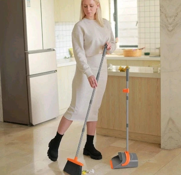 Dust pan and Broom Set with 50' Long Handle House Standing Dustpan Combo Upright