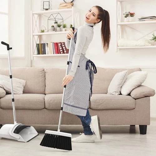 Broom and Dustpan Set - Adjustable Handle, Upright Standing, White, Black