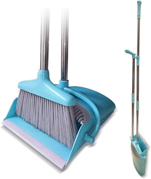 Broom and Dustpan Set Lightweight Upright Lobby Dust Pan Combo Blue