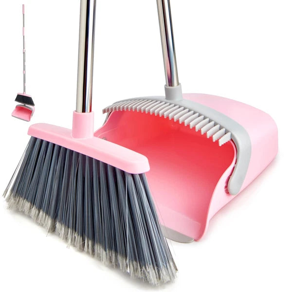 Broom and Dustpan Set, Long Handle Combo for Home, Kitchen, Office (Gray Pink)