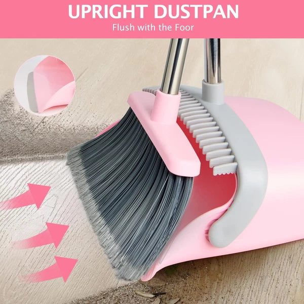 Broom and Dustpan Set, Long Handle Combo for Home, Kitchen, Office (Gray Pink)