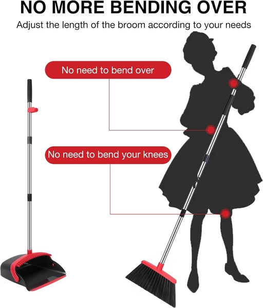 Broom and Dustpan Set, 52-in Long Adjustable Handle Medium, Black Red