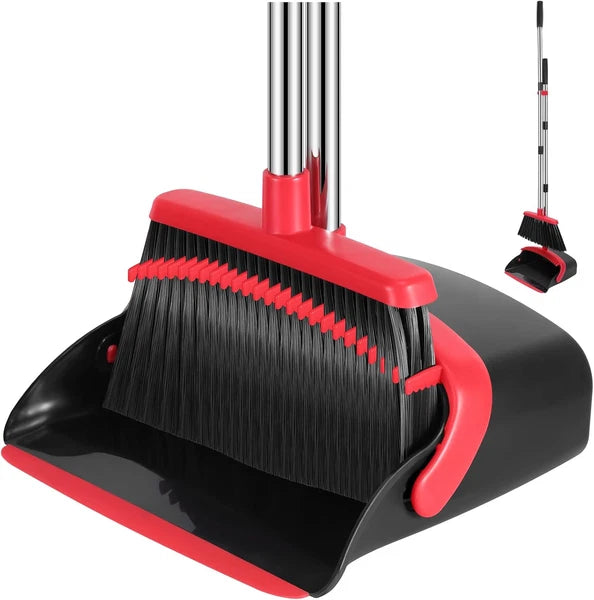 Broom and Dustpan Set, 52-in Long Adjustable Handle Medium, Black Red