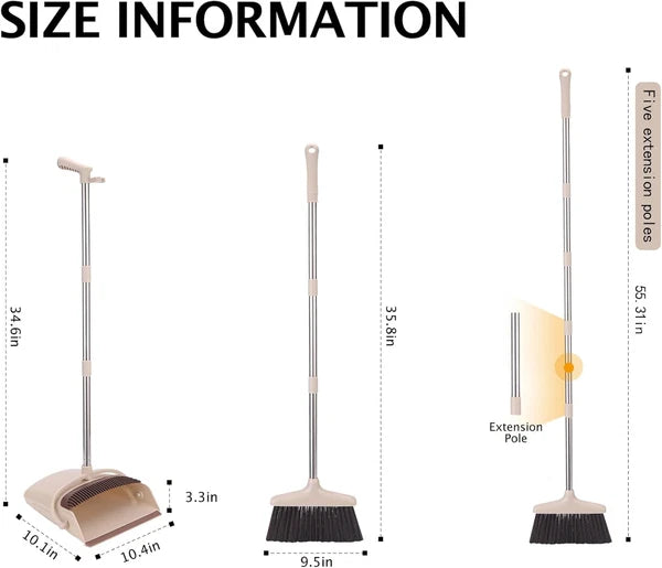 Long Handle Broom and Dustpan Set - Lightweight Stainless Steel, Brown & Beige