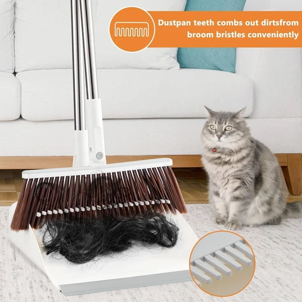 Long Handle Broom & Dustpan Set with Lint Roller for Indoor/Outdoor Use