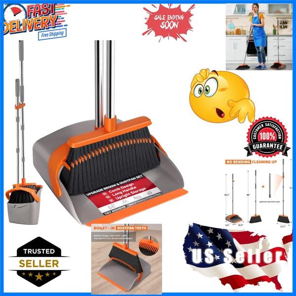 Upgraded Broom and Dustpan Set, 52" Long Handle Standing Combo with Self-Clea...