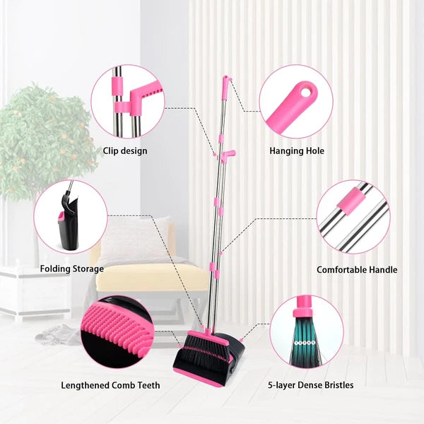Broom and Dustpan Set, Long Handle Lightweight Dustpans with Broom Combo for Hom