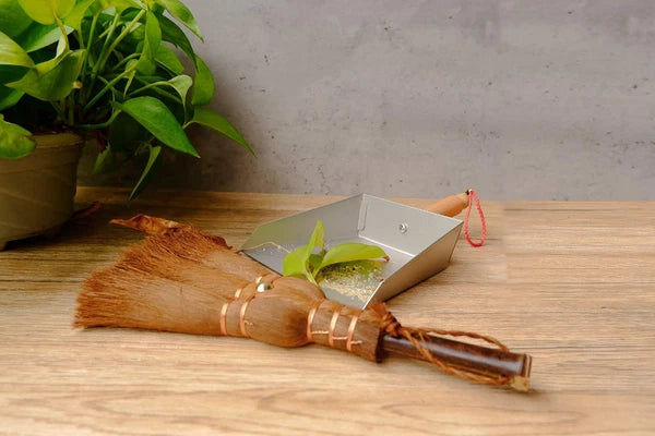 Mini Metal Dustpan and Brush Set Natural Bristle Hand Broom for Fireplace