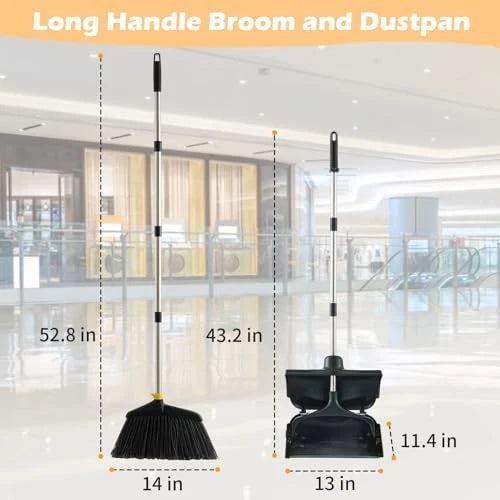 Outdoor Broom and Dustpan Set with Long Handle, Commercial Upright Standing