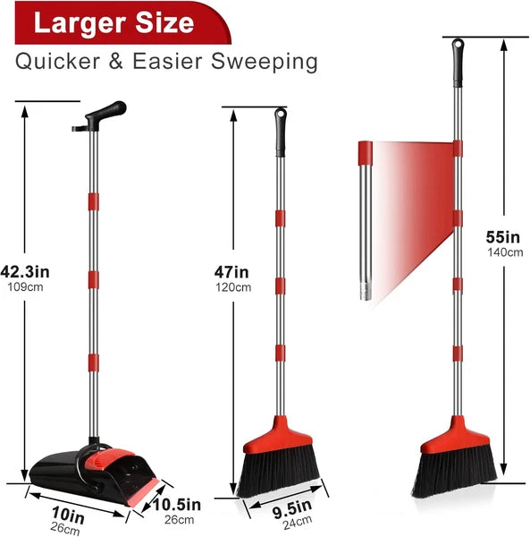 Broom and Dustpan Set for Home, Upright 55" Long Handle with Red
