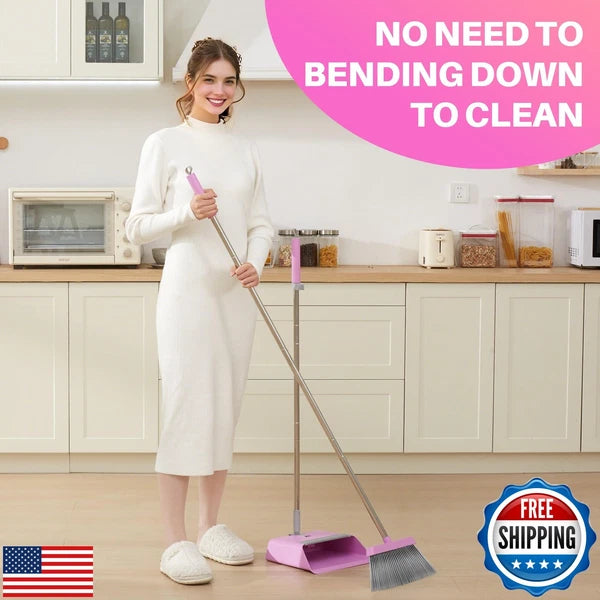 JOYMOOP Pink Broom and Dustpan Set with 56” Handle, Upright Angle with Built-