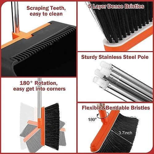 Broom and Dustpan Set, 4 Pack, 52" Long Handle Adjustable Broom with Dustpan