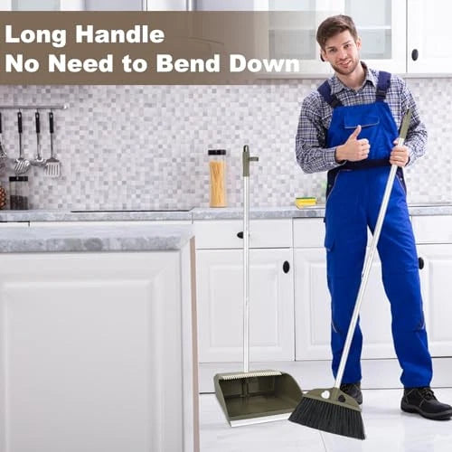 Upgrade Broom with Dustpan Combo Set,48'' Long Handle Stiff Broom Bristles