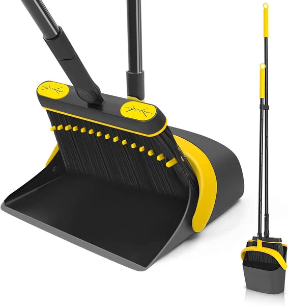 Broom and dustpan set, long-handled rotating brush head,upright foldable dustpan
