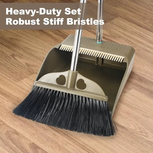 Upgrade Broom with Dustpan Combo Set,48'' Long Handle Stiff Broom Bristles