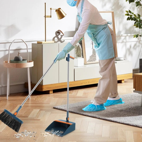 3x Adjustable Long Handle Dustpan and Brush Dust Pan and Broom with Broom Holder