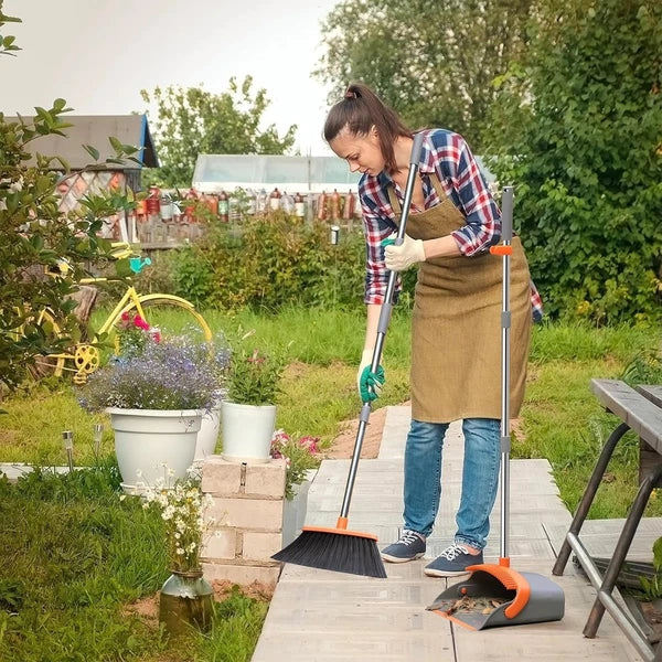 Upgraded Broom and Dustpan Set, 52" Long Handle Standing Combo with Self-Clea...